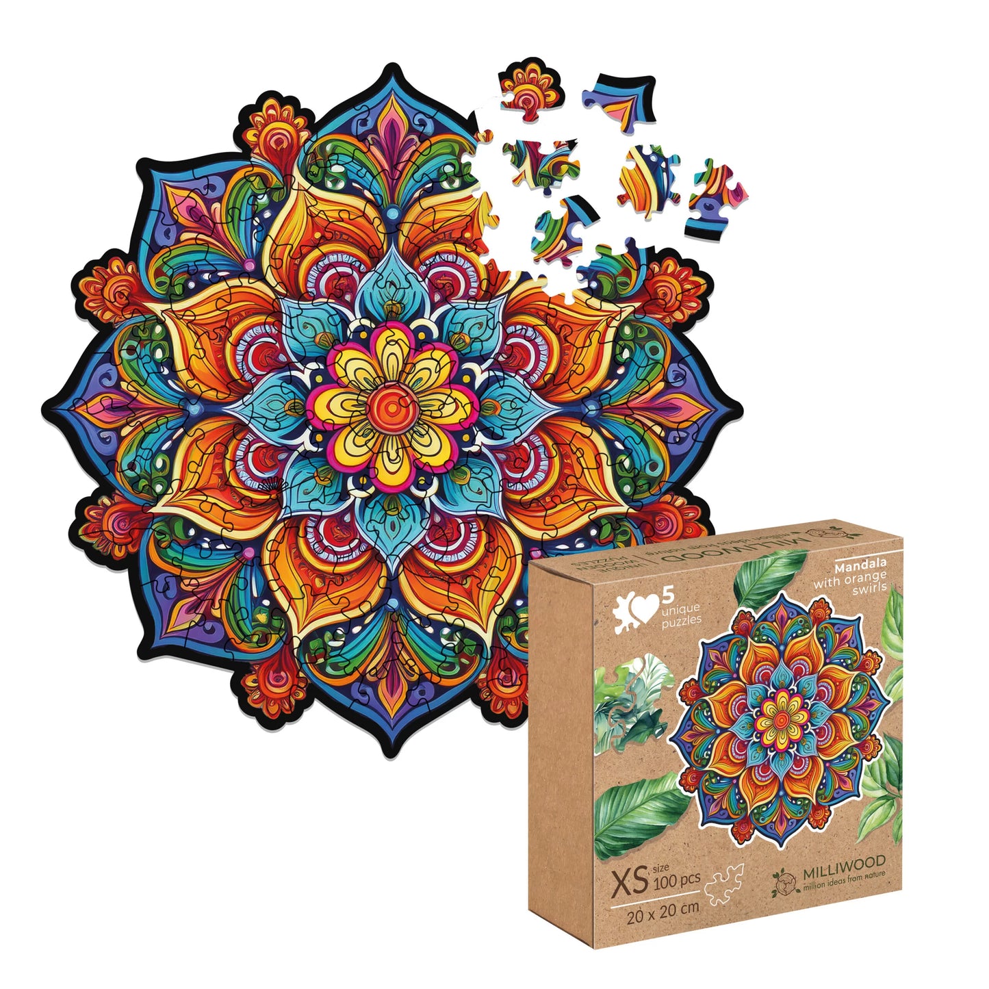 Milwood medinė dėlionė - Mandala with orange swirls (100 detalių)